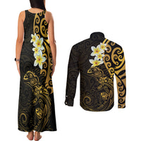 New Zealand Tuatara Plumeria Couples Matching Tank Maxi Dress and Long Sleeve Button Shirt Maori Gold Koru Tribal Tattoo