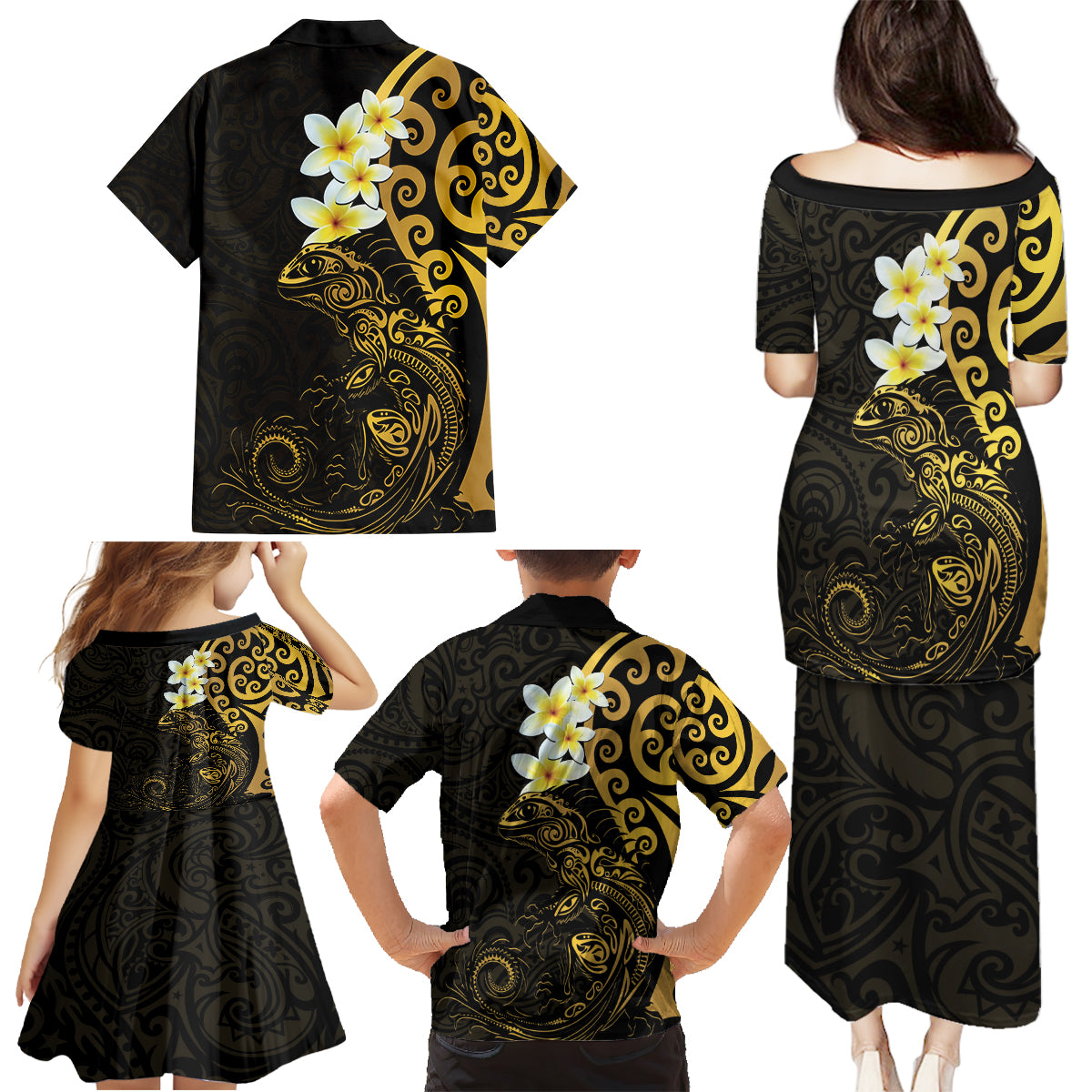New Zealand Tuatara Plumeria Family Matching Puletasi and Hawaiian Shirt Maori Gold Koru Tribal Tattoo