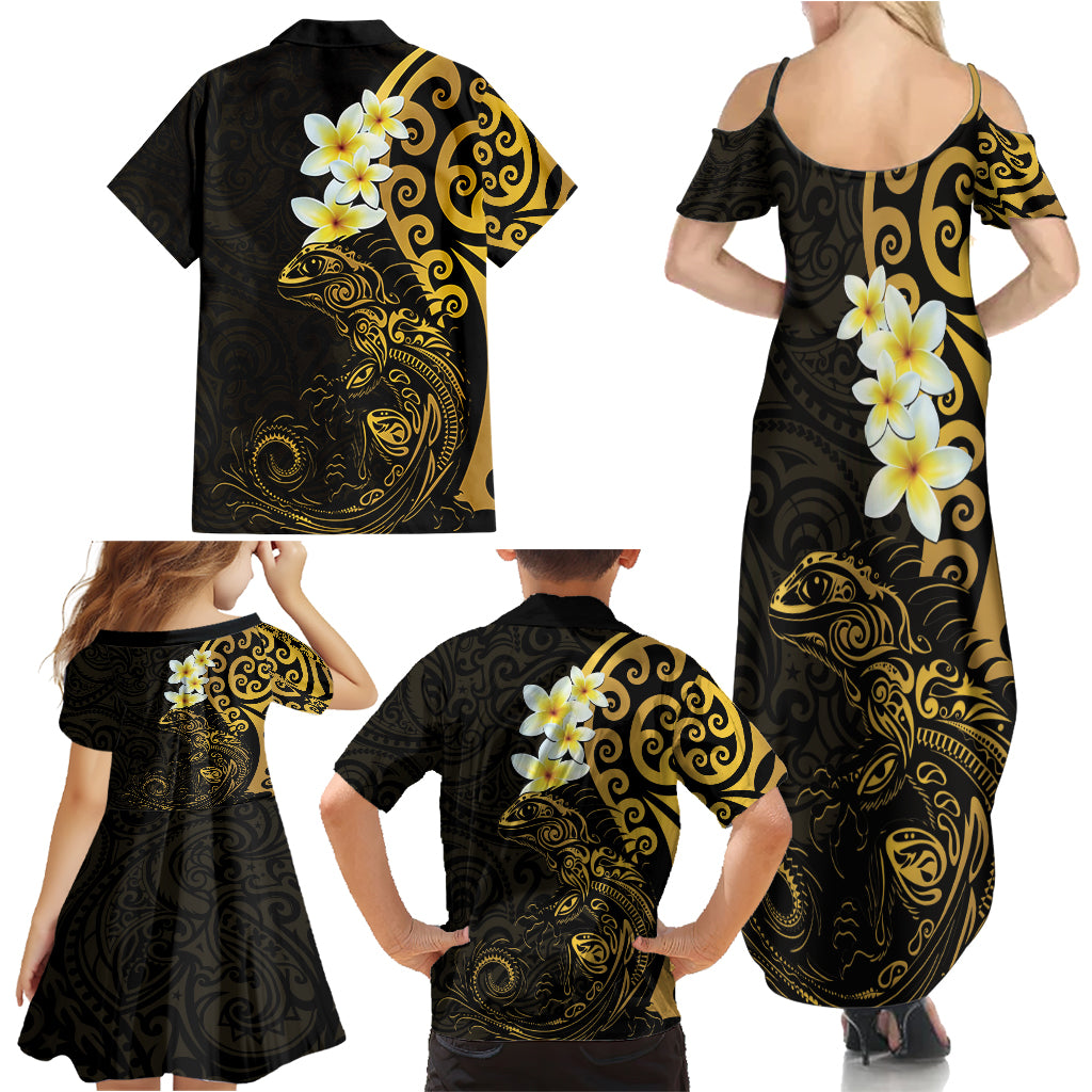 New Zealand Tuatara Plumeria Family Matching Summer Maxi Dress and Hawaiian Shirt Maori Gold Koru Tribal Tattoo