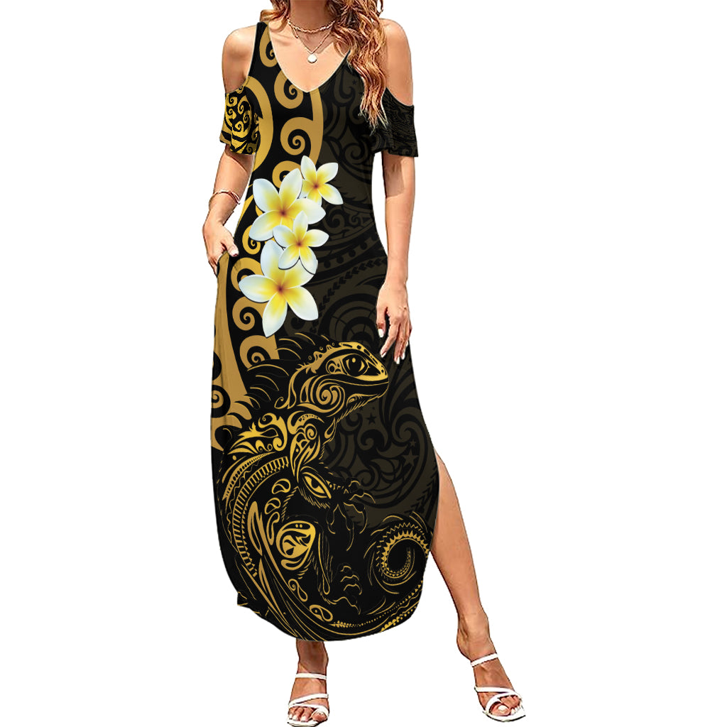 New Zealand Tuatara Plumeria Family Matching Summer Maxi Dress and Hawaiian Shirt Maori Gold Koru Tribal Tattoo