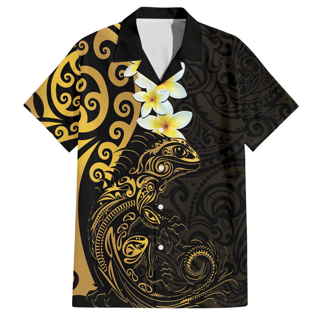 New Zealand Tuatara Plumeria Hawaiian Shirt Maori Gold Koru Tribal Tattoo LT01 Gold - Polynesian Pride