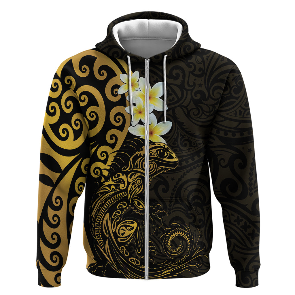 New Zealand Tuatara Plumeria Hoodie Maori Gold Koru Tribal Tattoo