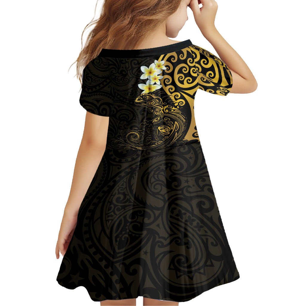New Zealand Tuatara Plumeria Kid Short Sleeve Dress Maori Gold Koru Tribal Tattoo