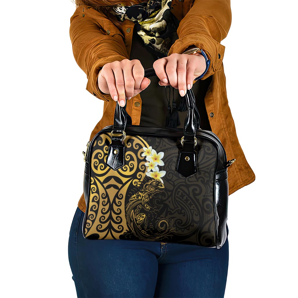 New Zealand Tuatara Plumeria Shoulder Handbag Maori Gold Koru Tribal Tattoo LT01 One Size Gold - Polynesian Pride