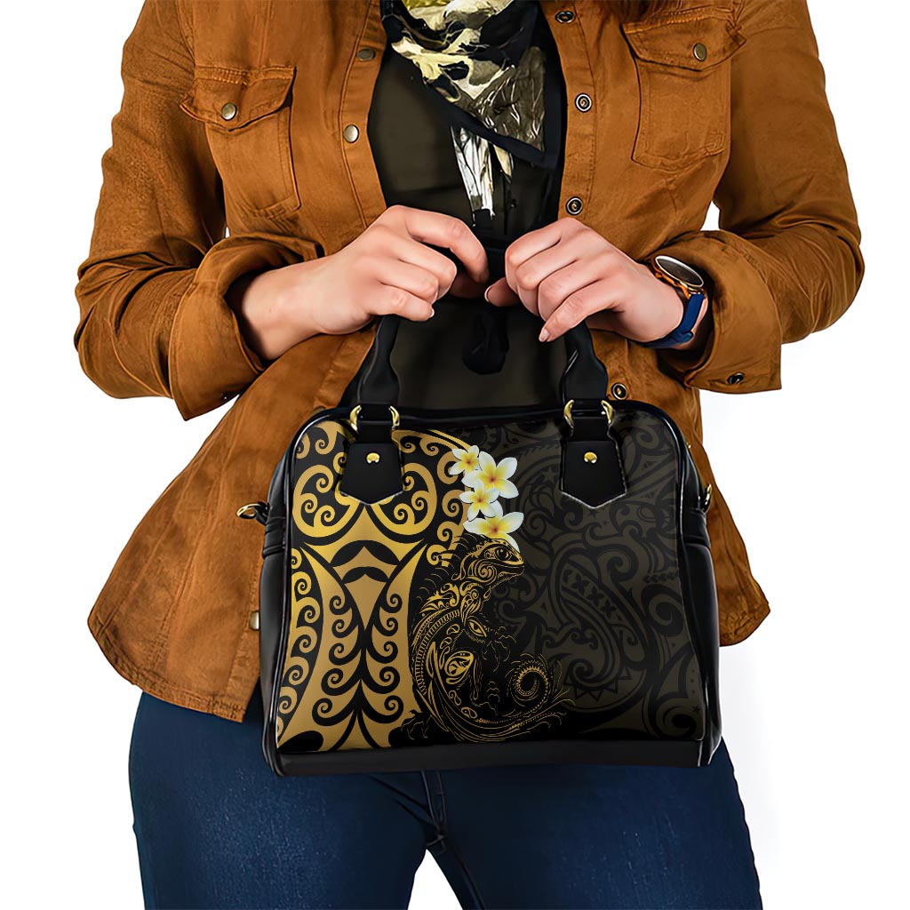 New Zealand Tuatara Plumeria Shoulder Handbag Maori Gold Koru Tribal Tattoo