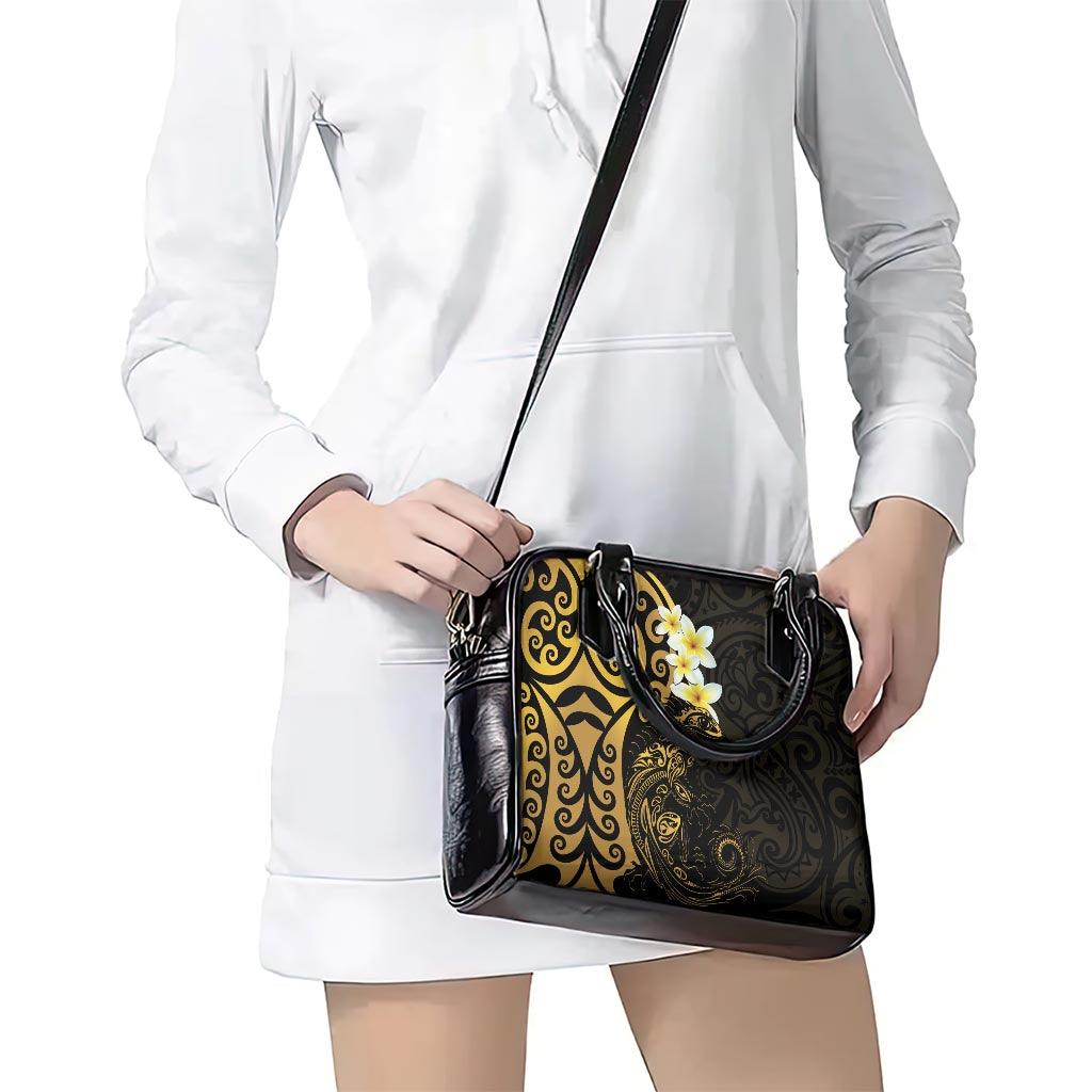 New Zealand Tuatara Plumeria Shoulder Handbag Maori Gold Koru Tribal Tattoo