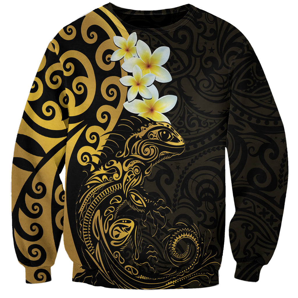 New Zealand Tuatara Plumeria Sweatshirt Maori Gold Koru Tribal Tattoo
