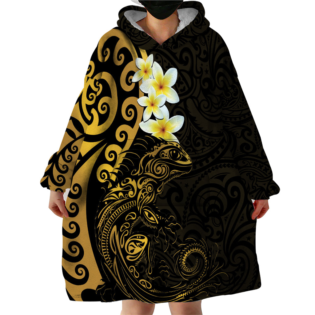New Zealand Tuatara Plumeria Wearable Blanket Hoodie Maori Gold Koru Tribal Tattoo