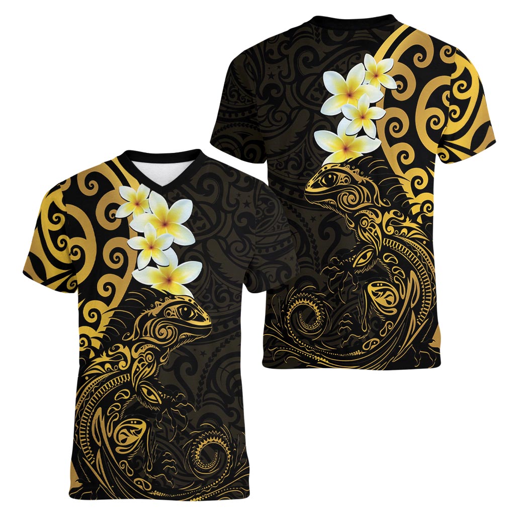 New Zealand Tuatara Plumeria Women V-Neck T-Shirt Maori Gold Koru Tribal Tattoo