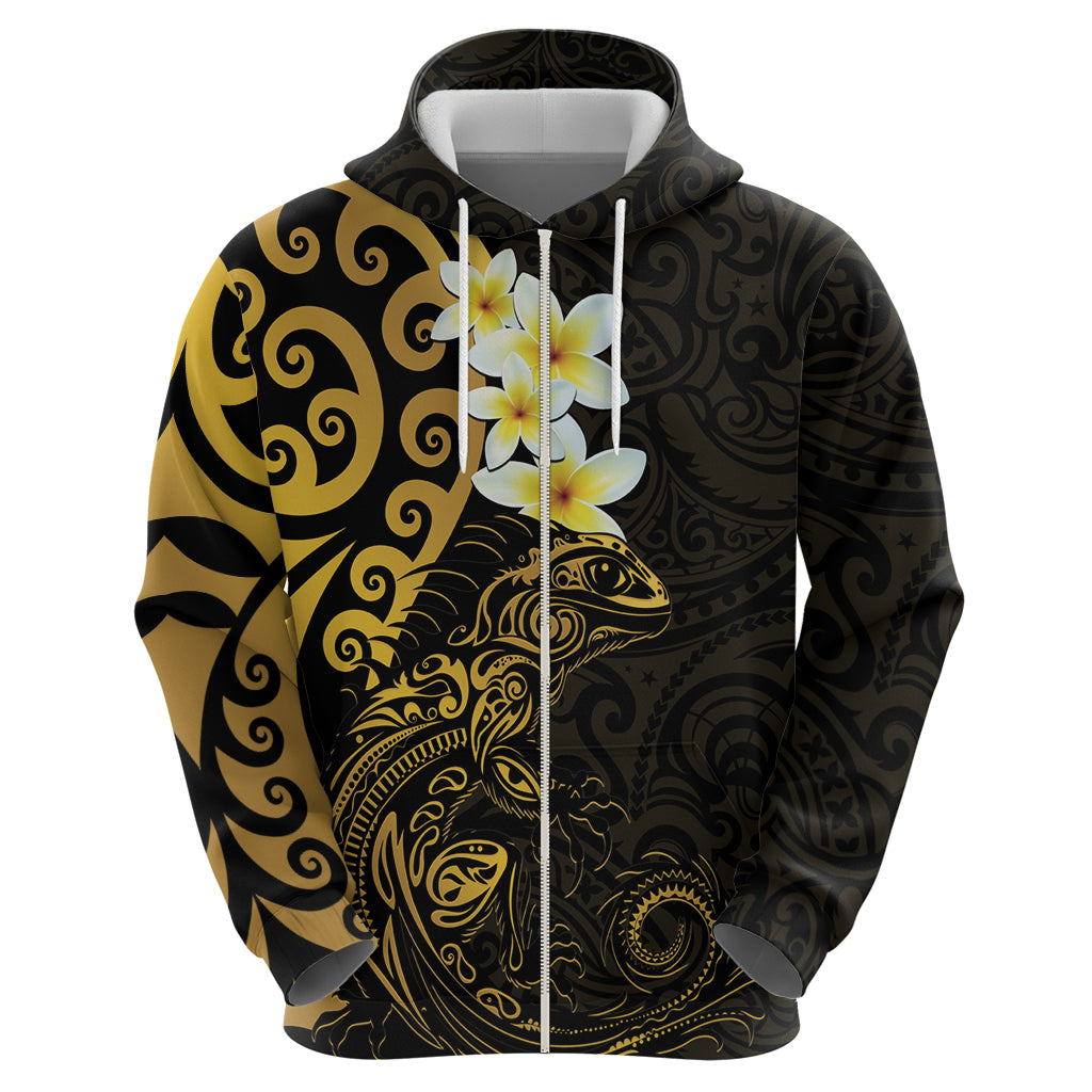 New Zealand Tuatara Plumeria Zip Hoodie Maori Gold Koru Tribal Tattoo