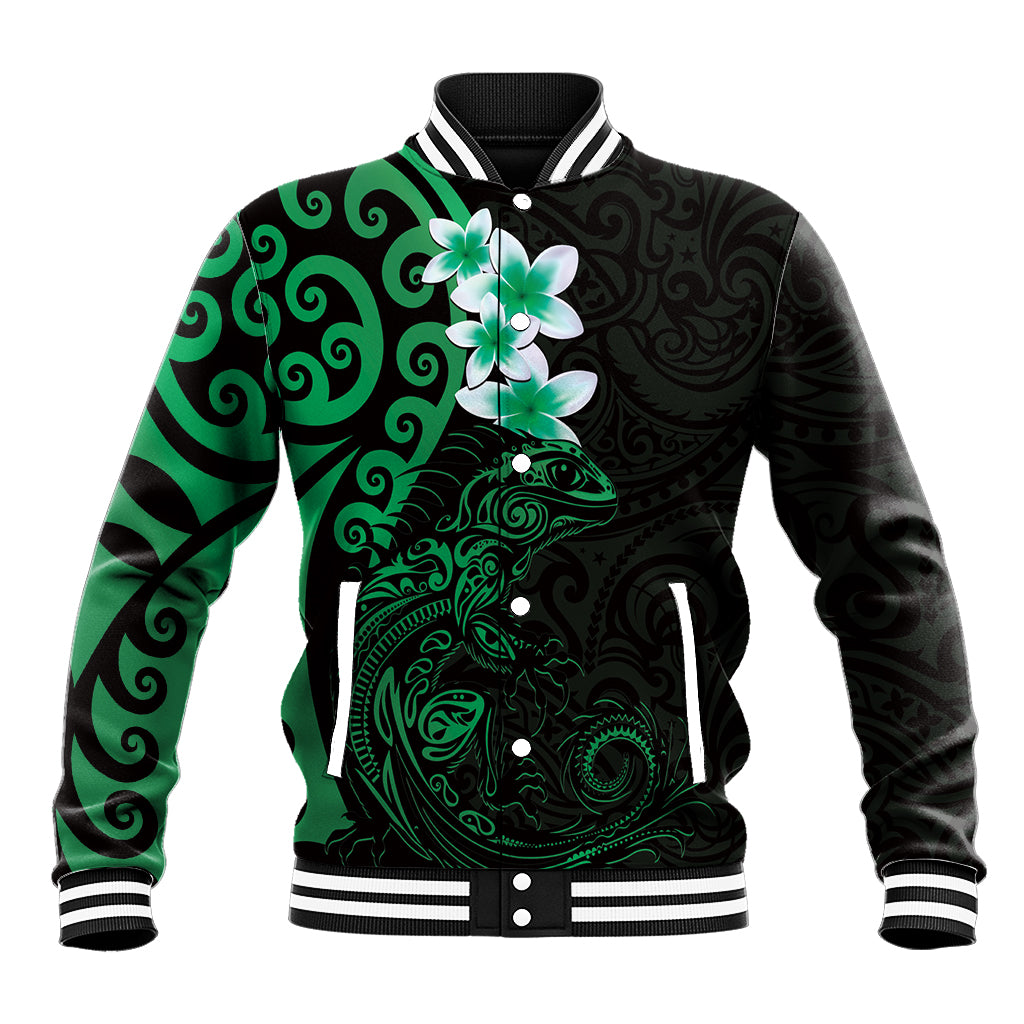 New Zealand Tuatara Plumeria Baseball Jacket Maori Green Koru Tribal Tattoo