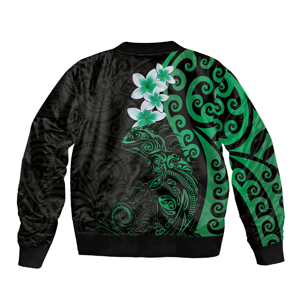 New Zealand Tuatara Plumeria Bomber Jacket Maori Green Koru Tribal Tattoo