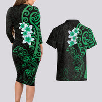 New Zealand Tuatara Plumeria Couples Matching Long Sleeve Bodycon Dress and Hawaiian Shirt Maori Green Koru Tribal Tattoo