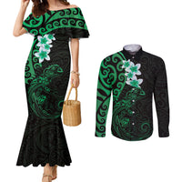 New Zealand Tuatara Plumeria Couples Matching Mermaid Dress and Long Sleeve Button Shirt Maori Green Koru Tribal Tattoo