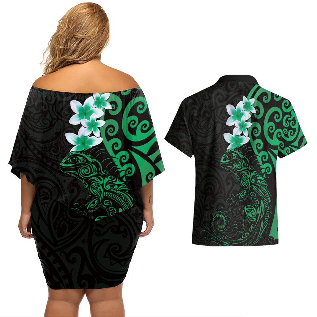 New Zealand Tuatara Plumeria Couples Matching Off Shoulder Short Dress and Hawaiian Shirt Maori Green Koru Tribal Tattoo