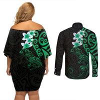 New Zealand Tuatara Plumeria Couples Matching Off Shoulder Short Dress and Long Sleeve Button Shirt Maori Green Koru Tribal Tattoo