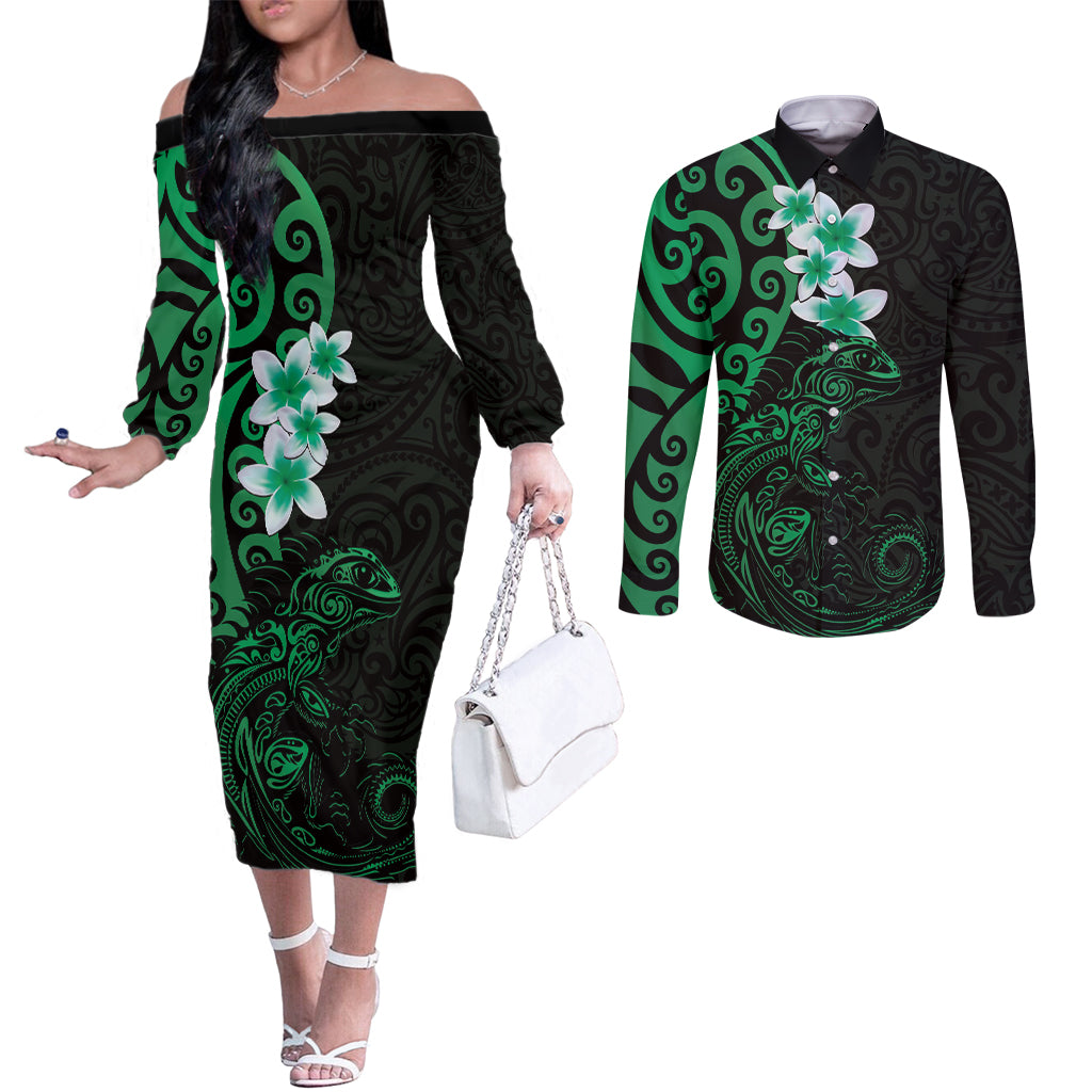 New Zealand Tuatara Plumeria Couples Matching Off The Shoulder Long Sleeve Dress and Long Sleeve Button Shirt Maori Green Koru Tribal Tattoo