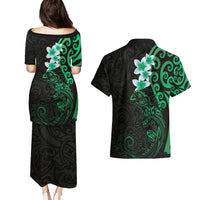 New Zealand Tuatara Plumeria Couples Matching Puletasi and Hawaiian Shirt Maori Green Koru Tribal Tattoo
