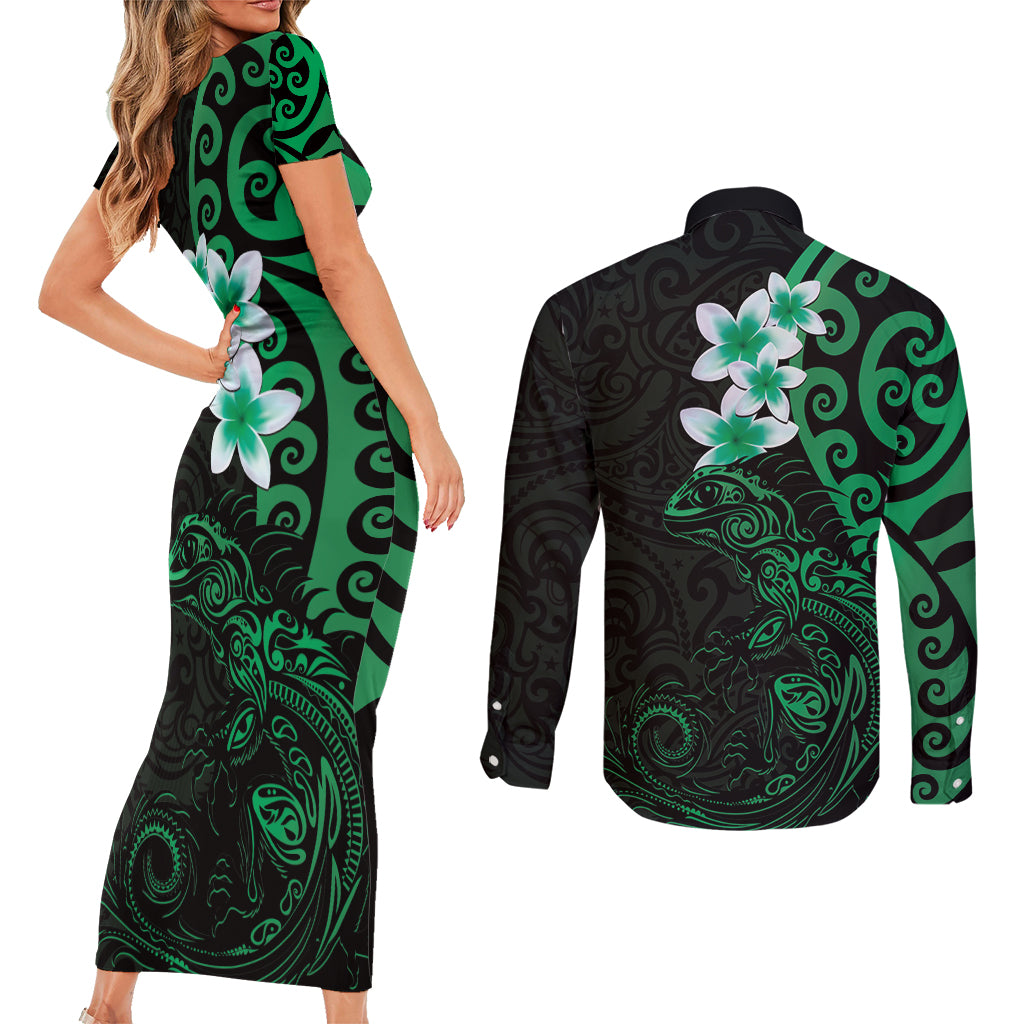 New Zealand Tuatara Plumeria Couples Matching Short Sleeve Bodycon Dress and Long Sleeve Button Shirt Maori Green Koru Tribal Tattoo