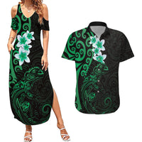 New Zealand Tuatara Plumeria Couples Matching Summer Maxi Dress and Hawaiian Shirt Maori Green Koru Tribal Tattoo