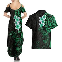 New Zealand Tuatara Plumeria Couples Matching Summer Maxi Dress and Hawaiian Shirt Maori Green Koru Tribal Tattoo