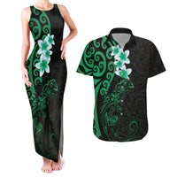 New Zealand Tuatara Plumeria Couples Matching Tank Maxi Dress and Hawaiian Shirt Maori Green Koru Tribal Tattoo
