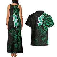 New Zealand Tuatara Plumeria Couples Matching Tank Maxi Dress and Hawaiian Shirt Maori Green Koru Tribal Tattoo