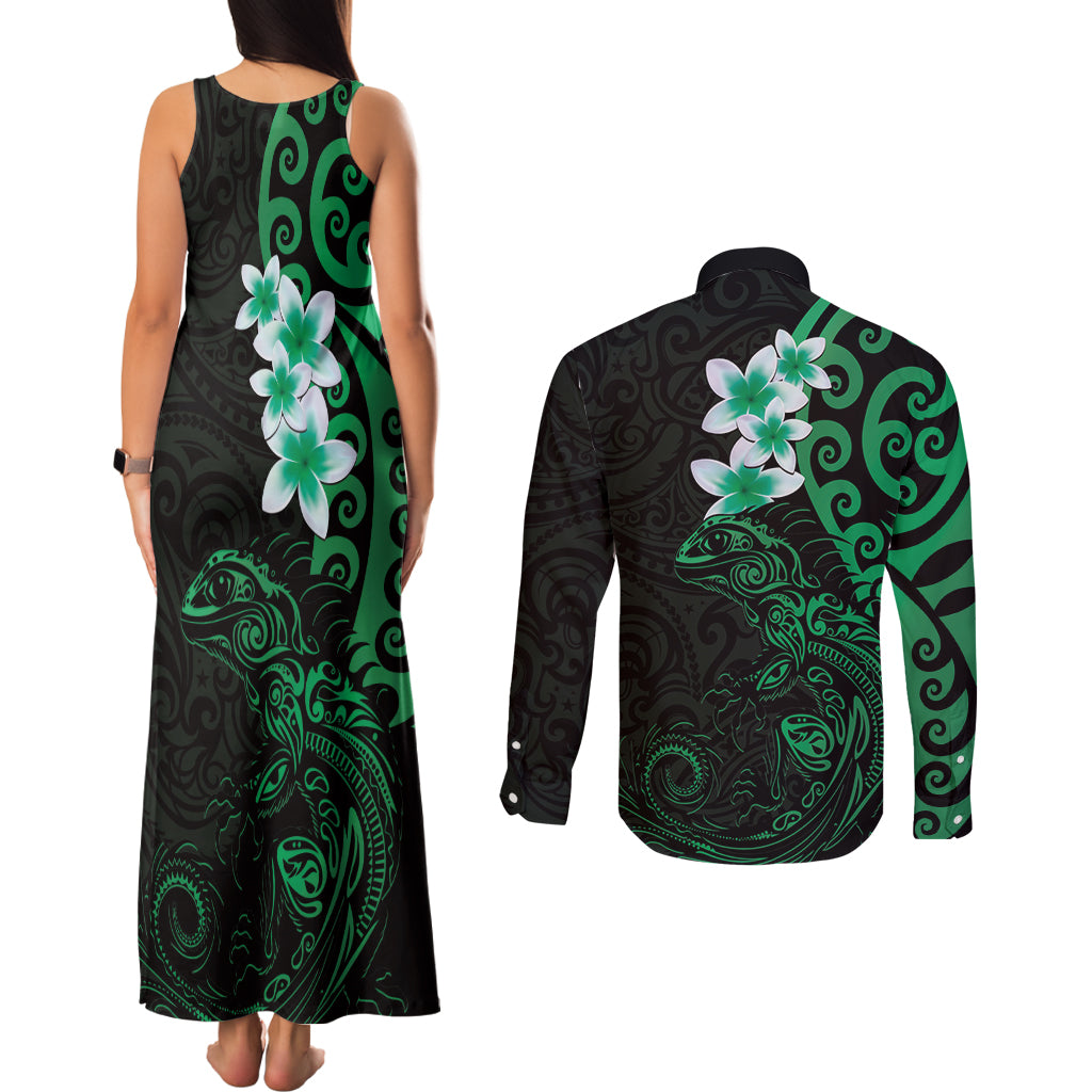 New Zealand Tuatara Plumeria Couples Matching Tank Maxi Dress and Long Sleeve Button Shirt Maori Green Koru Tribal Tattoo