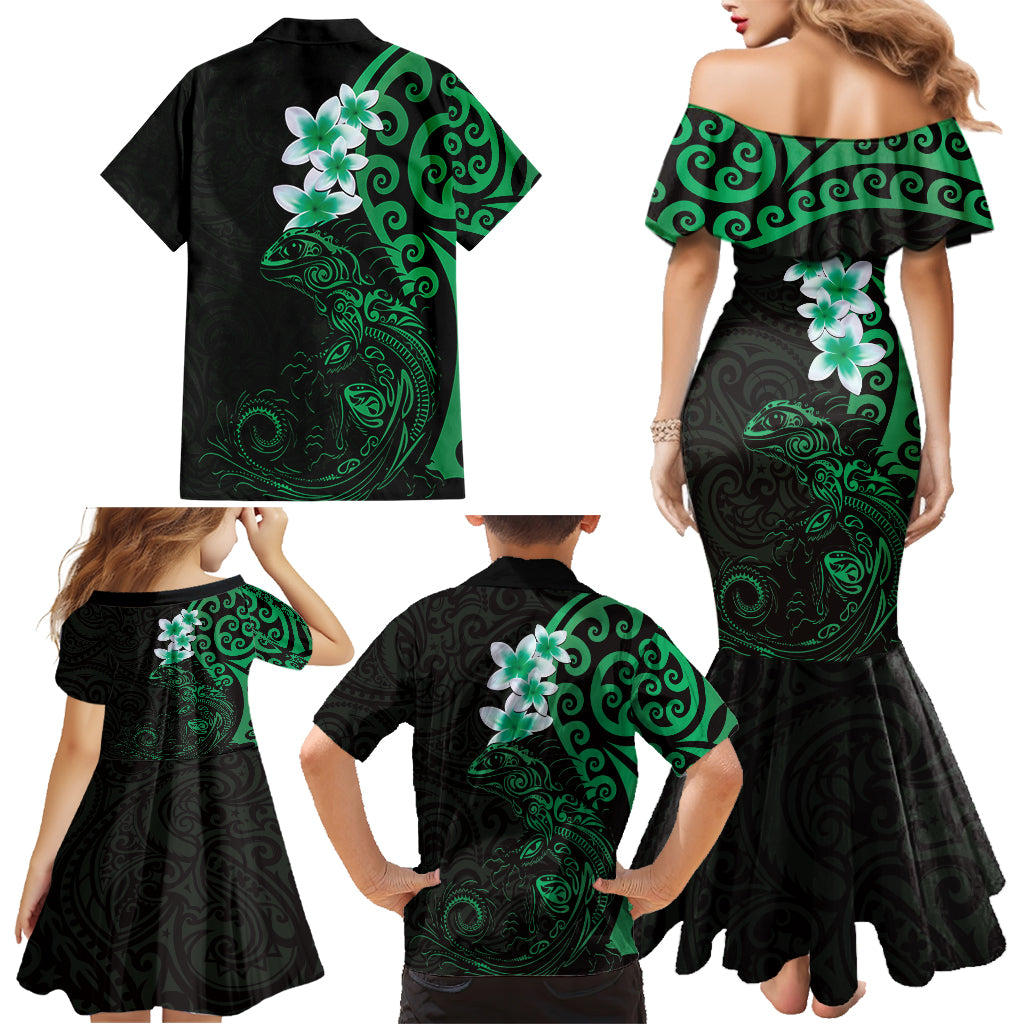 New Zealand Tuatara Plumeria Family Matching Mermaid Dress and Hawaiian Shirt Maori Green Koru Tribal Tattoo