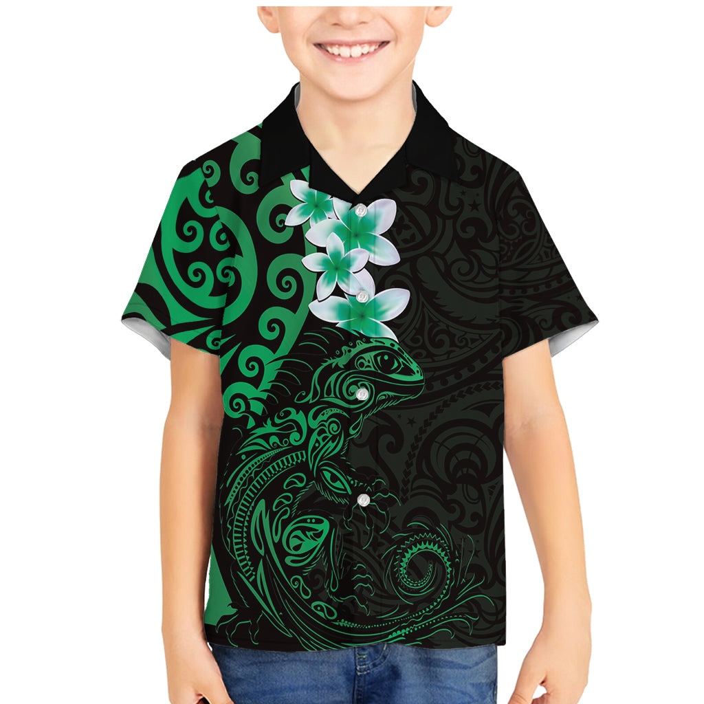 New Zealand Tuatara Plumeria Family Matching Mermaid Dress and Hawaiian Shirt Maori Green Koru Tribal Tattoo