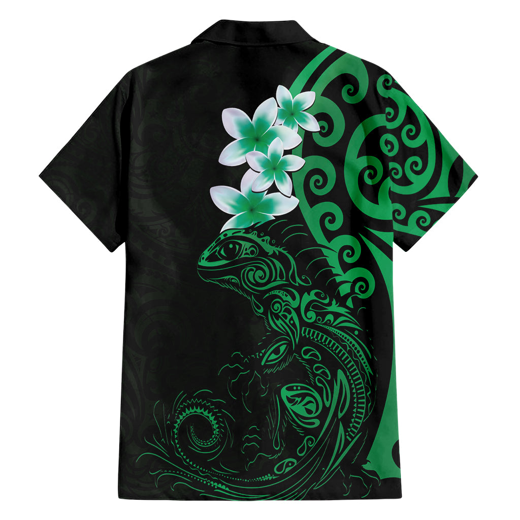 New Zealand Tuatara Plumeria Family Matching Short Sleeve Bodycon Dress and Hawaiian Shirt Maori Green Koru Tribal Tattoo