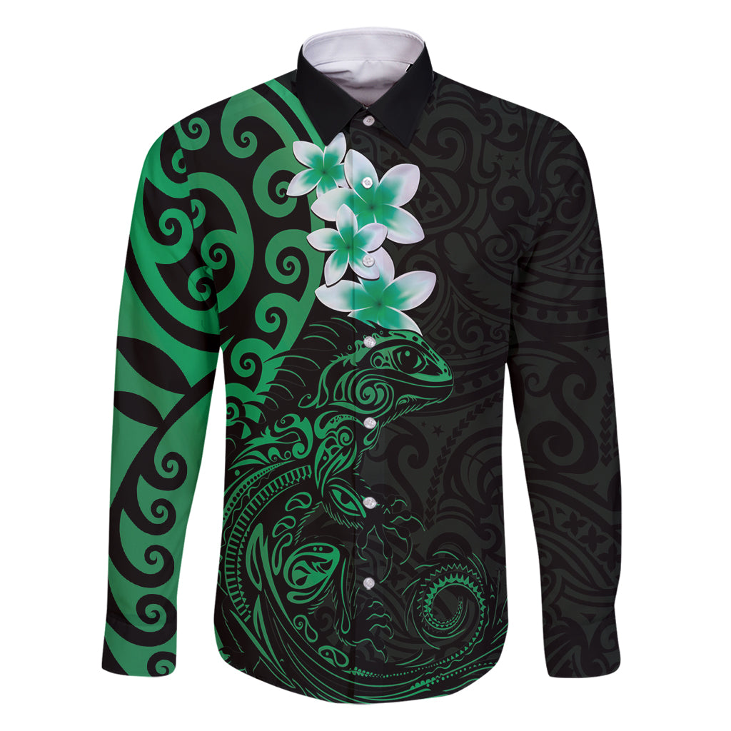 New Zealand Tuatara Plumeria Family Matching Tank Maxi Dress and Hawaiian Shirt Maori Green Koru Tribal Tattoo