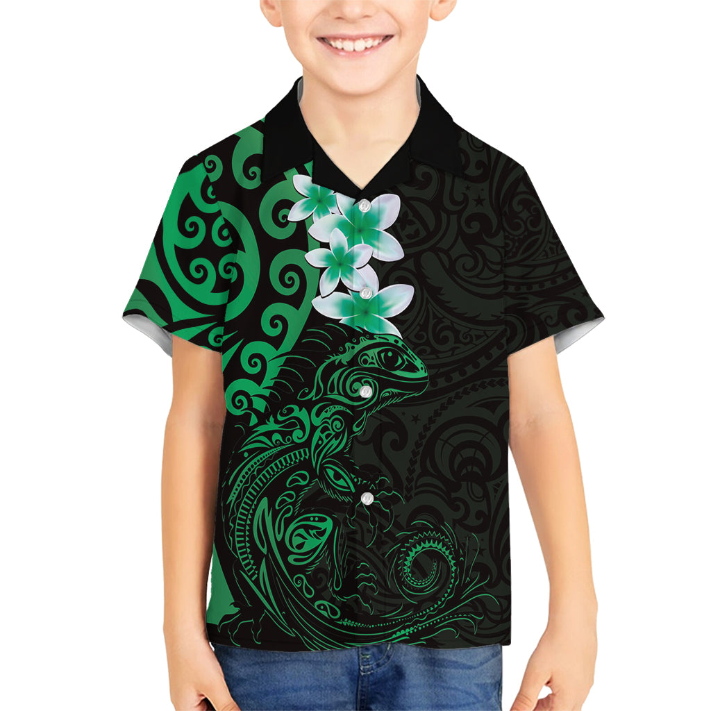 New Zealand Tuatara Plumeria Family Matching Tank Maxi Dress and Hawaiian Shirt Maori Green Koru Tribal Tattoo