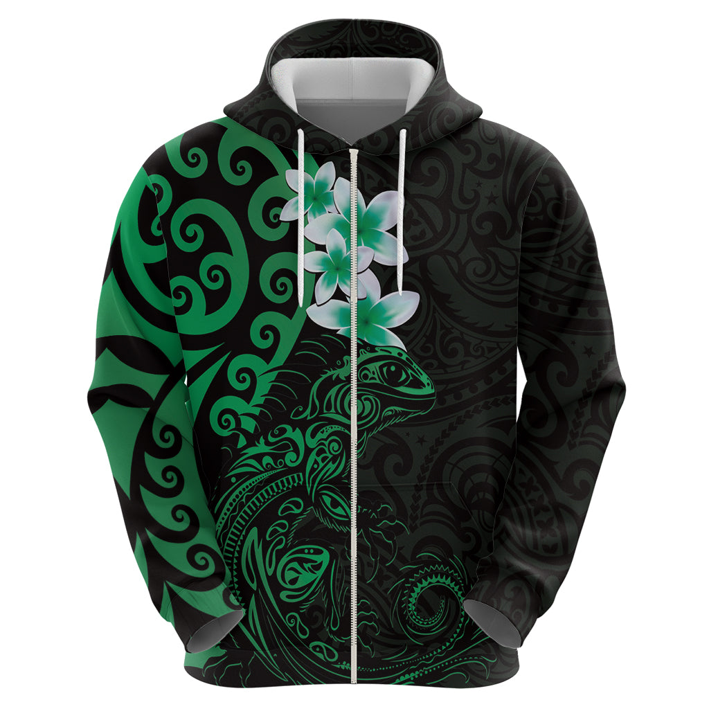 New Zealand Tuatara Plumeria Hoodie Maori Green Koru Tribal Tattoo
