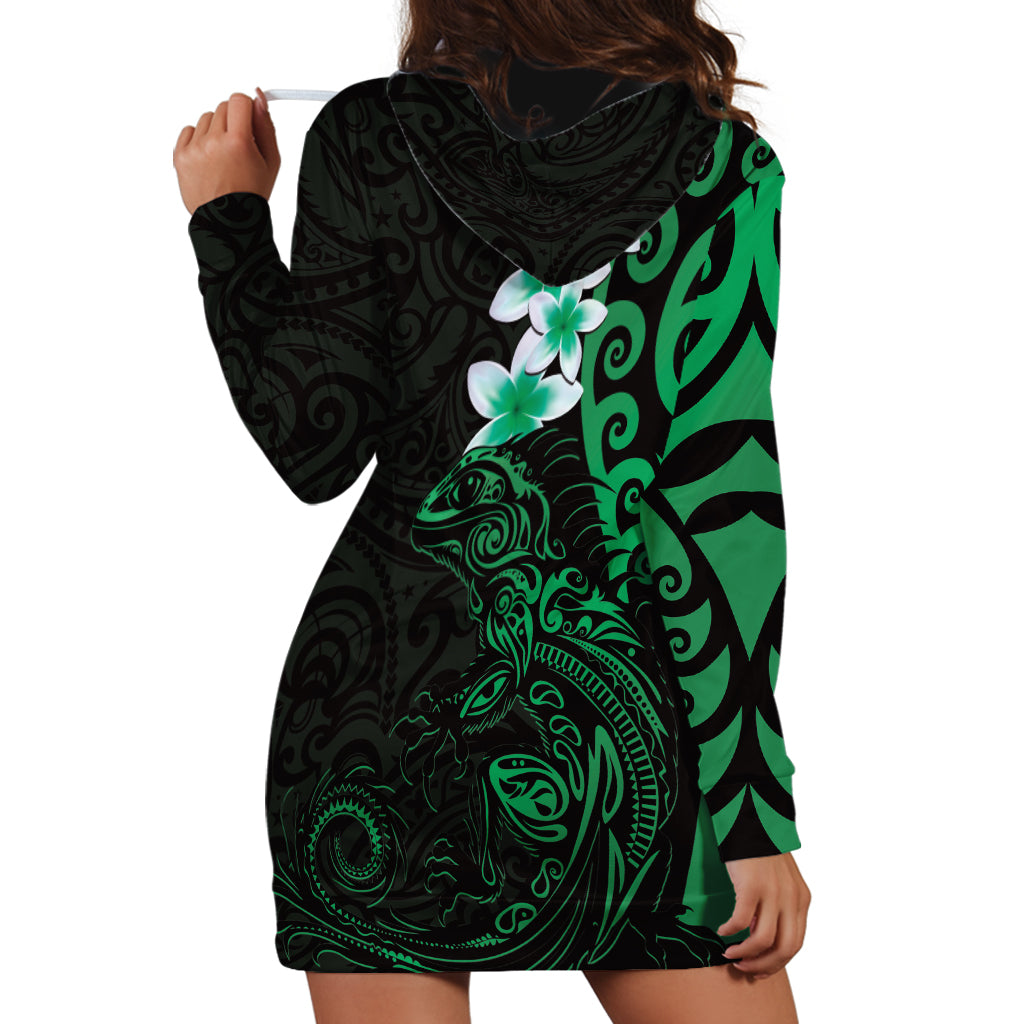 New Zealand Tuatara Plumeria Hoodie Dress Maori Green Koru Tribal Tattoo
