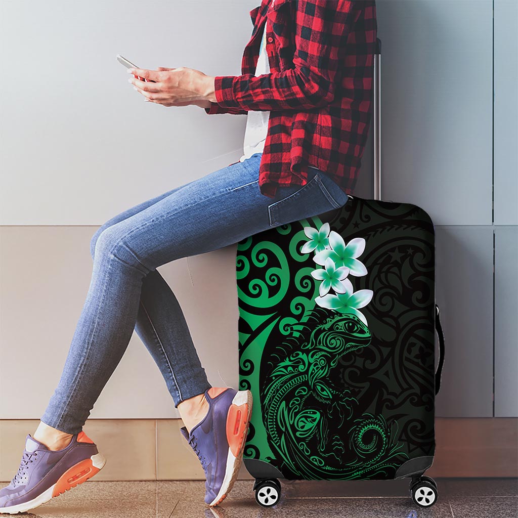 New Zealand Tuatara Plumeria Luggage Cover Maori Green Koru Tribal Tattoo