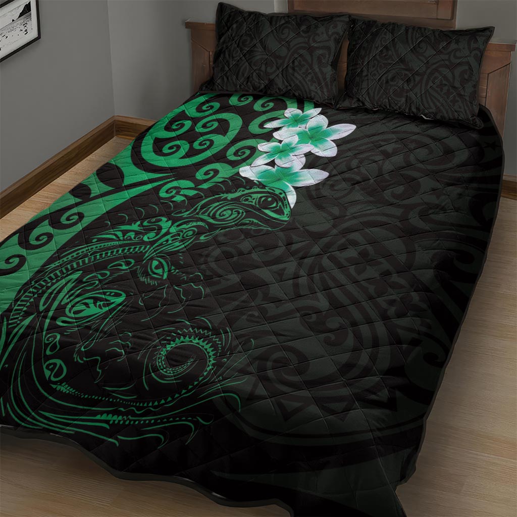 New Zealand Tuatara Plumeria Quilt Bed Set Maori Green Koru Tribal Tattoo