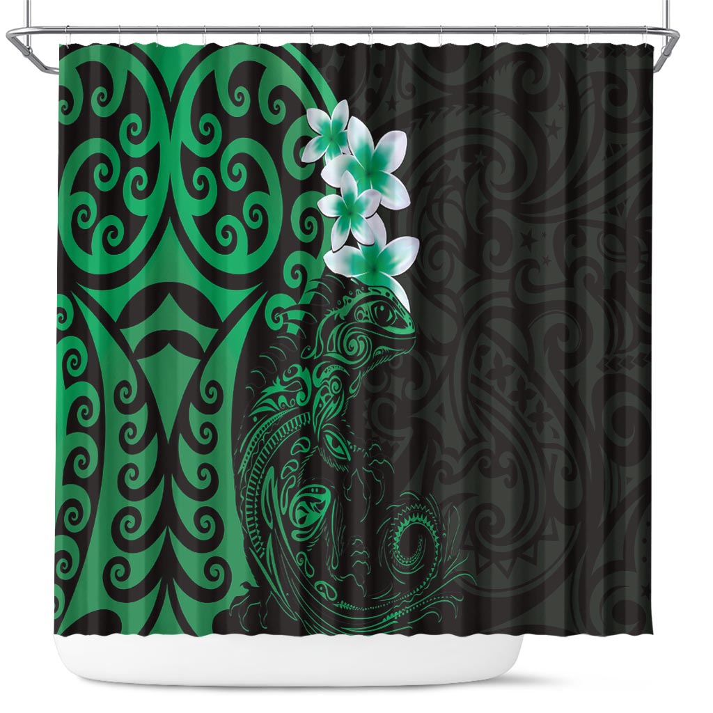 New Zealand Tuatara Plumeria Shower Curtain Maori Green Koru Tribal Tattoo LT01 Green - Polynesian Pride