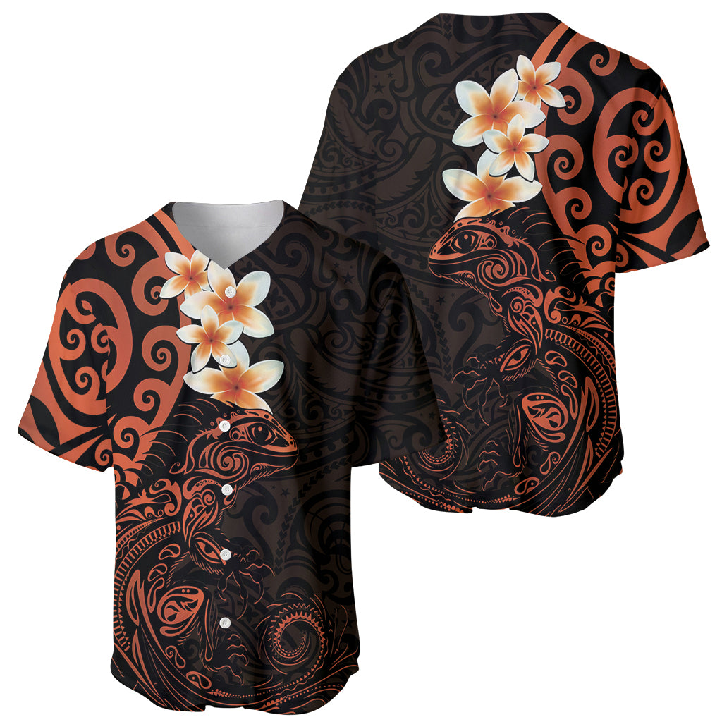 New Zealand Tuatara Plumeria Baseball Jersey Maori Orange Koru Tribal Tattoo