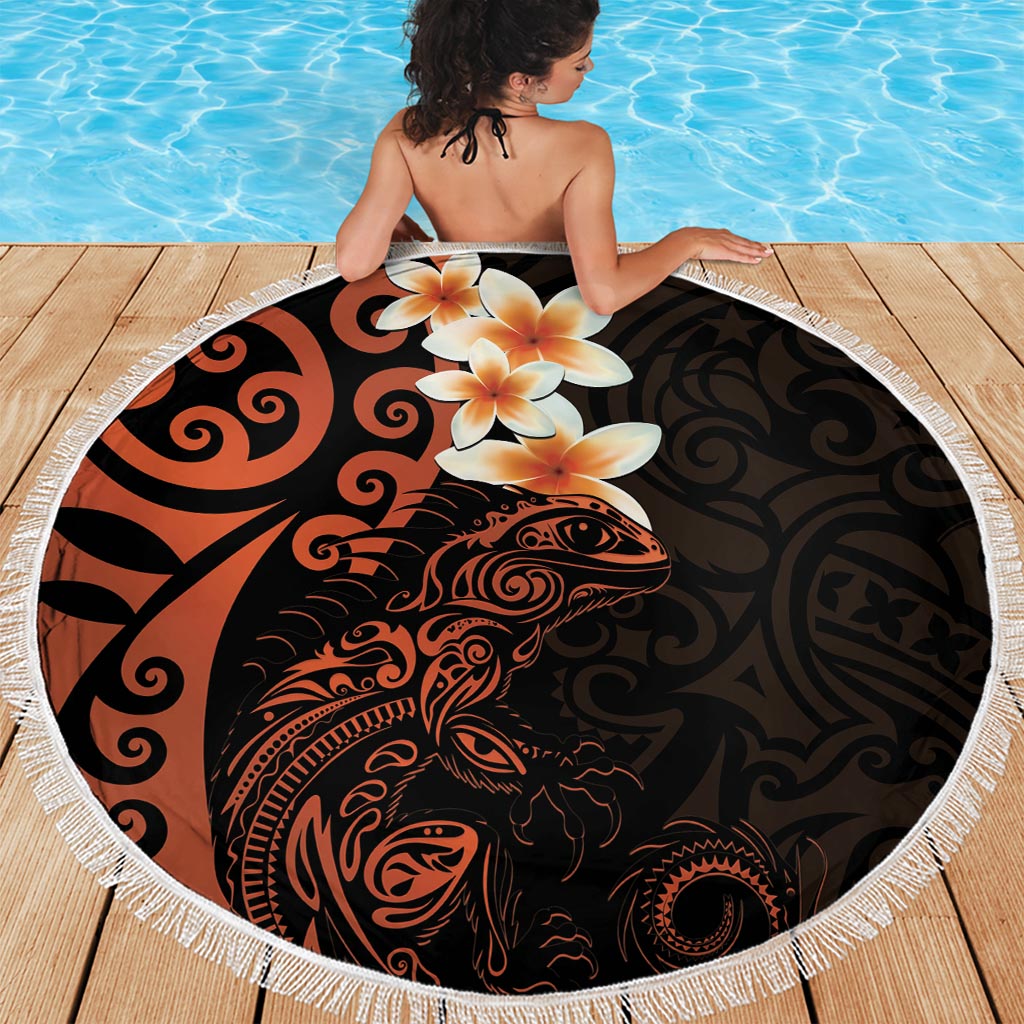 New Zealand Tuatara Plumeria Beach Blanket Maori Orange Koru Tribal Tattoo