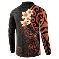 New Zealand Tuatara Plumeria Button Sweatshirt Maori Orange Koru Tribal Tattoo