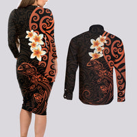 New Zealand Tuatara Plumeria Couples Matching Long Sleeve Bodycon Dress and Long Sleeve Button Shirt Maori Orange Koru Tribal Tattoo