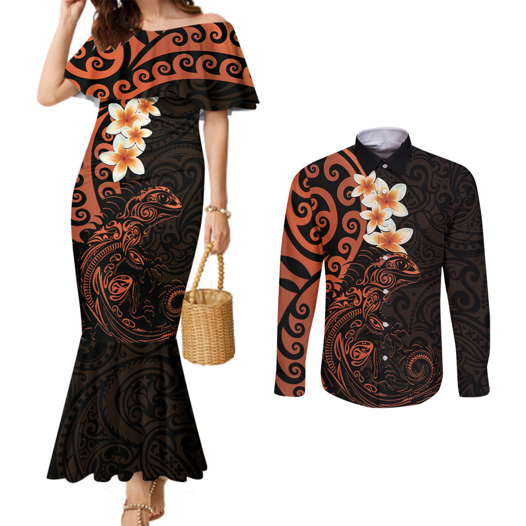 Polynesian Sunset Plumeria Couples Matching Off The Shoulder Long Sleeve Dress and Long Sleeve Button Shirts Pacific Island Tribal Blossom Style LT9 main image 1