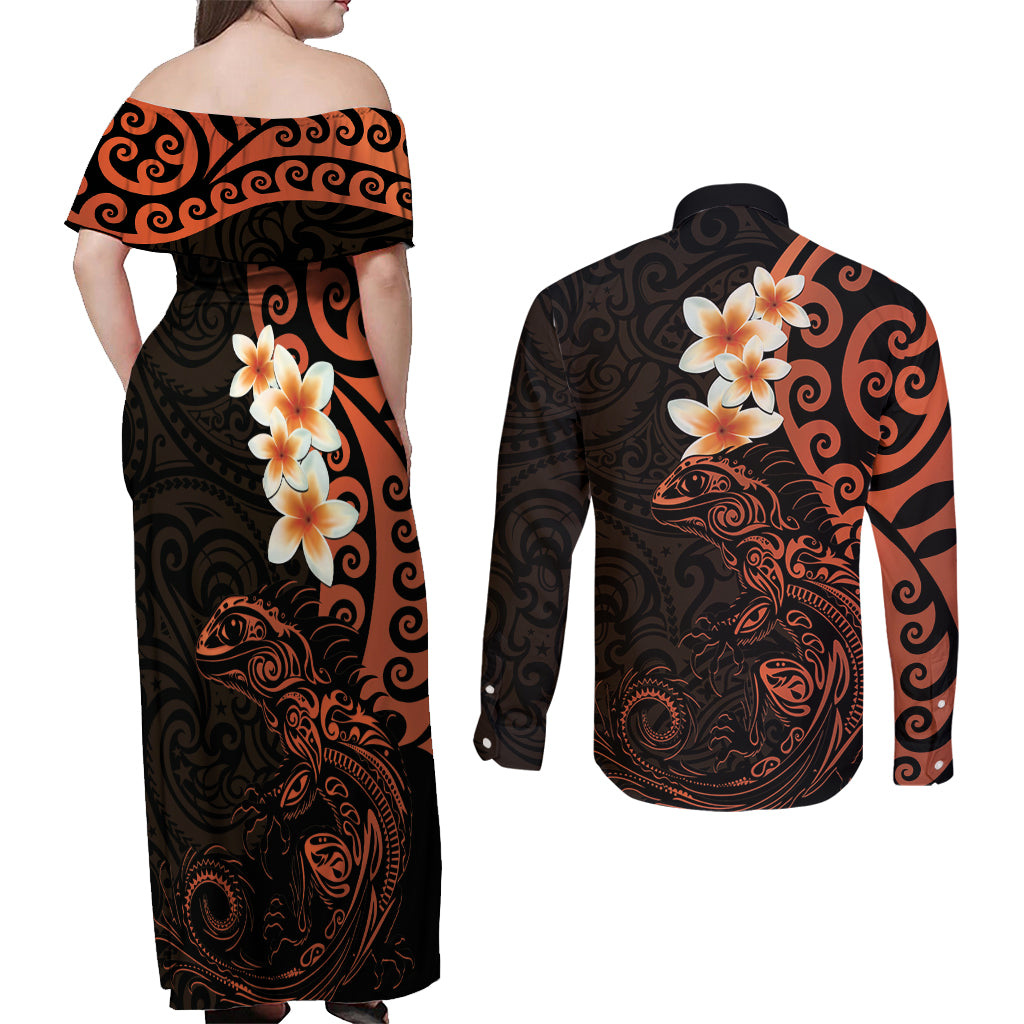 New Zealand Tuatara Plumeria Couples Matching Off Shoulder Maxi Dress and Long Sleeve Button Shirt Maori Orange Koru Tribal Tattoo