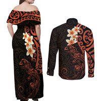 New Zealand Tuatara Plumeria Couples Matching Off Shoulder Maxi Dress and Long Sleeve Button Shirt Maori Orange Koru Tribal Tattoo