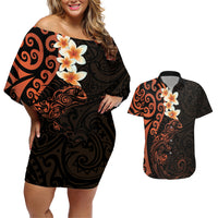New Zealand Tuatara Plumeria Couples Matching Off Shoulder Short Dress and Hawaiian Shirt Maori Orange Koru Tribal Tattoo