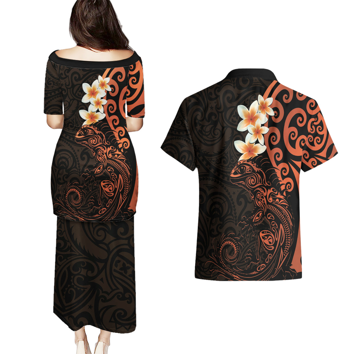 New Zealand Tuatara Plumeria Couples Matching Puletasi and Hawaiian Shirt Maori Orange Koru Tribal Tattoo