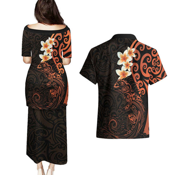 Genos One Punch Man Anime Orange and Black Theme Couples Matching Puletasi and Hawaiian Shirt with Cyborg Arm Blast and Intense Action Pose TS04 main image 1