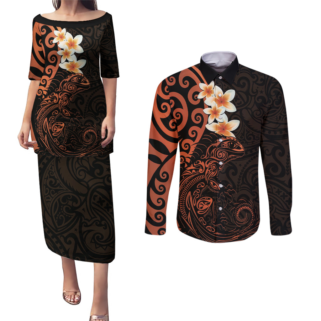 New Zealand Tuatara Plumeria Couples Matching Puletasi and Long Sleeve Button Shirt Maori Orange Koru Tribal Tattoo