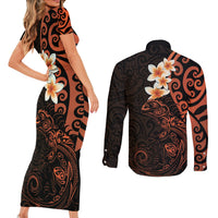 New Zealand Tuatara Plumeria Couples Matching Short Sleeve Bodycon Dress and Long Sleeve Button Shirt Maori Orange Koru Tribal Tattoo